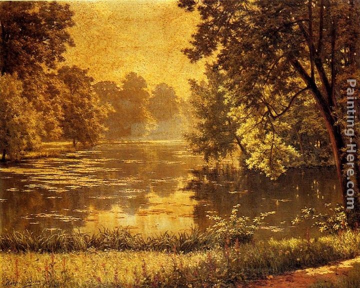 Henri Biva A Wooded River Landscape